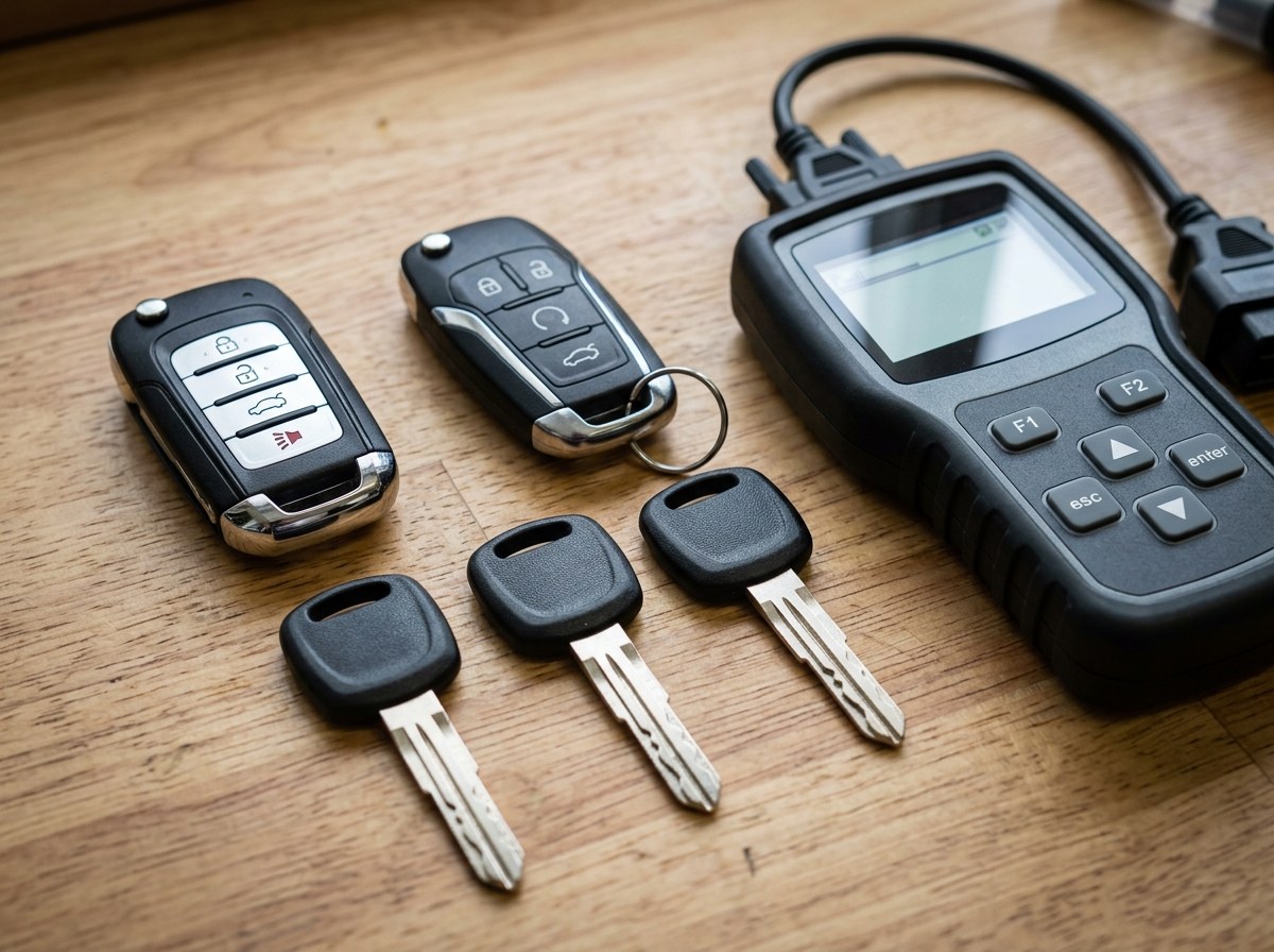 Automotive remote smart key fobs, laser cut keys, and electronic programming tool on workbench