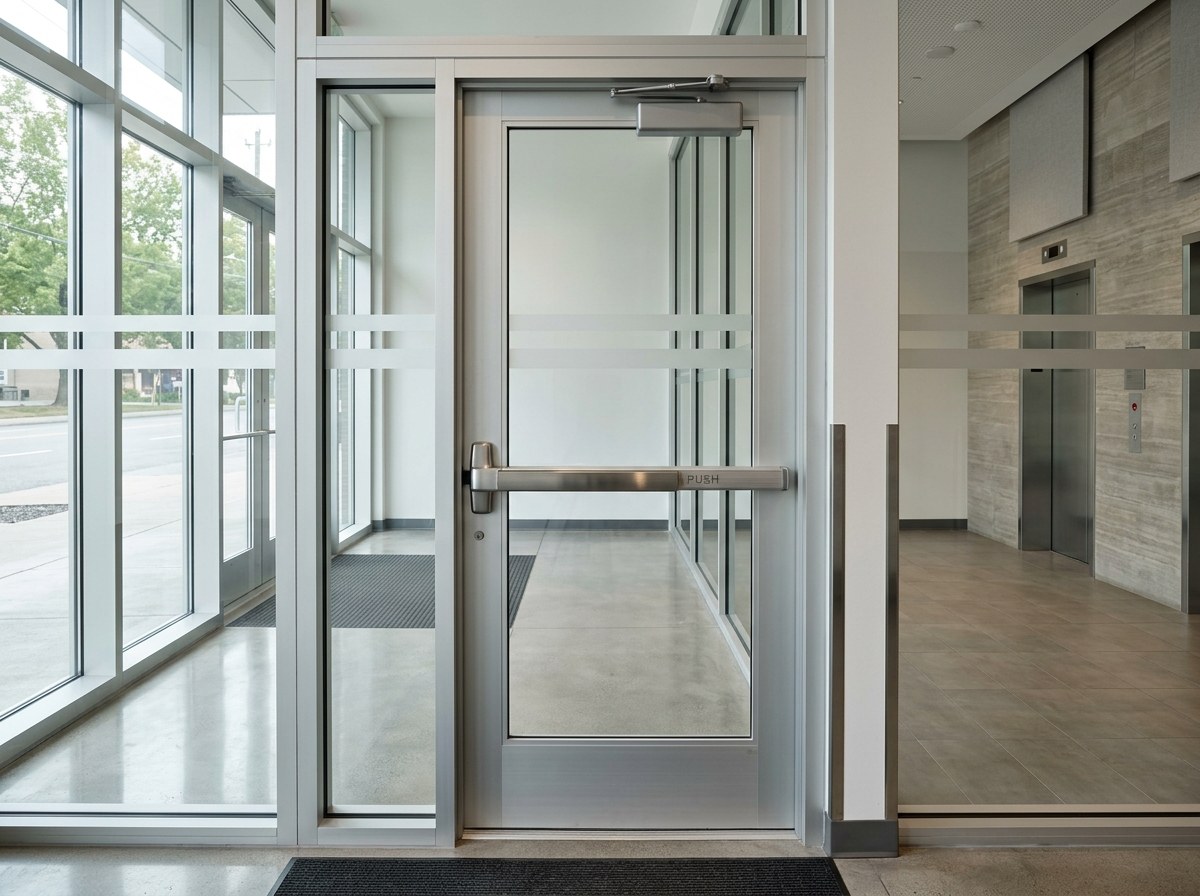 Commercial storefront entrance door with heavy duty panic exit crash bar hardware