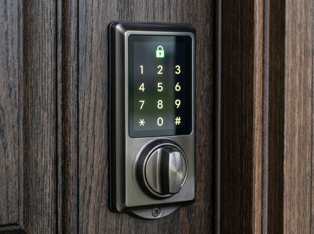 Modern electronic touchscreen door lock hardware installed on entryway door in Foxborough