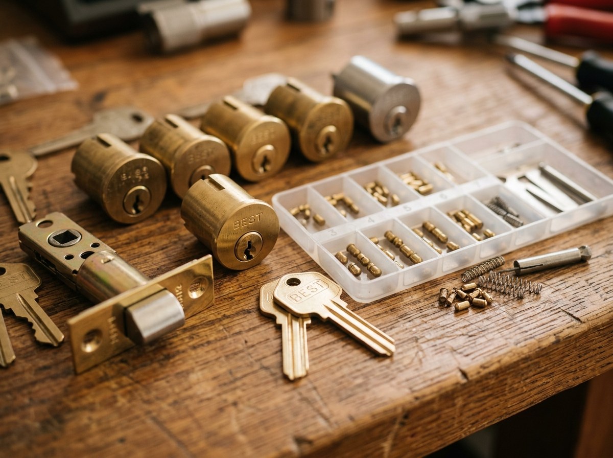 Locksmith security hardware components and solid brass mortise cylinders in Foxborough MA