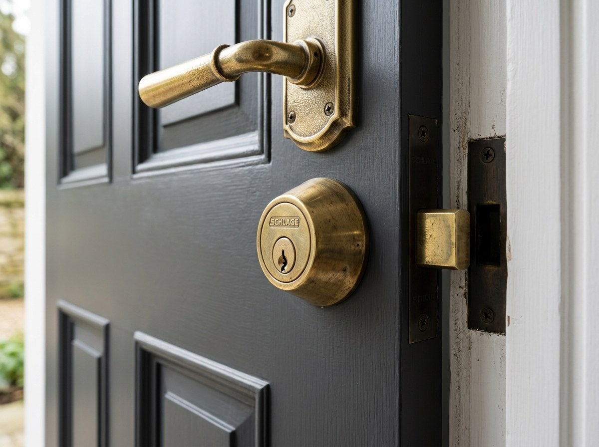 High security residential brass deadbolt cylinder lock hardware on front entry door in Foxborough MA